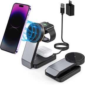 3 in 1 Charging Station for Apple Devices, Foldable Mag-Safe Charger Stand for Travel, Wireless Charger for iPhone 15/14/13/12 Pro Max Plus, AirPods, Apple Watch(Adapter Includes)