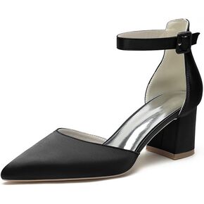 Wome's Pointed Toe Low Chunky Heels Satin Block Ankle Strap Pumps Wedding Bridal Party Dress Shoes