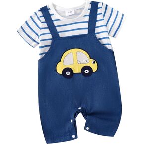 Tempura Baby Boy Short Sleeve Romper Round Neck Striped Car Fake Jumpsuit Infant Summer Clothes