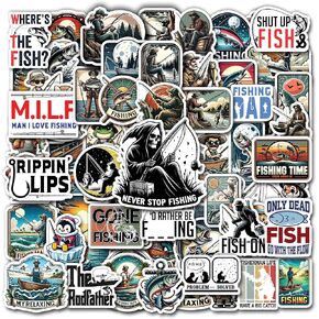 Pack 50 PCS Fishing Stickers Print Travel Funny Waterproof Vinyl Decals Vintage Items for Boys Girls Teens Adults Labels Decor Laptop Phone Case Water Bottle Helmet Scrapbooks