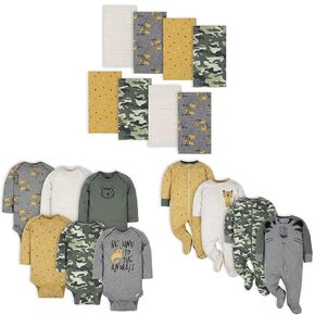 Gerber Baby Boys' 8-Pack Burp Cloth, 6-pack Long Sleeve Onesies, and 4-Pack Sleep 'N Play Gift Set, Tiger, 0-3M