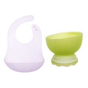 Olababy 100% Silicone Steam Bowl | Fold N Go Silicone Baby Bib w Travel Case (Lilac)