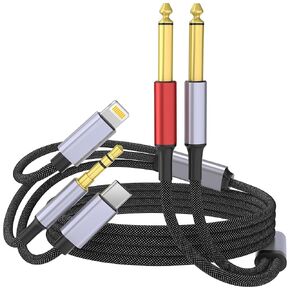 USB C 3.5mm and Lightning to Dual 6.35mm 1/4" TS Mono Stereo Y-Cable, 3 in 1 Dual 1/4 inch Audio Cable Compatible for iPhone15/14/13/12/iPad,Amplifier, Speaker, Headphone, Mixing Console 10Feet