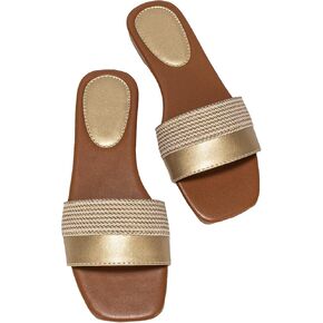 Verdusa Women's Metallic Square Toe Flat Sandals Leather Slides Outdoor Sandals