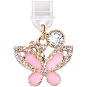 ELISE & FONDA TP359 Type-C USB Charging Port Anti Dust Plug Little Crystal Butterfly Cell Phone Charm for iPhone 15 and Samsung/OnePlus/Xiaomi/oppo Android Phones (Pink)