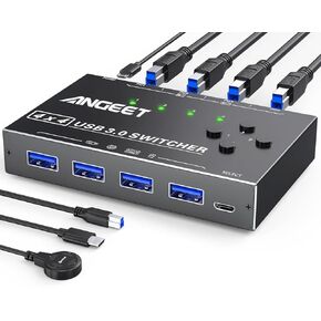 USB 3.0 Switch 4 Port, ANGEET USB Switch Selector for 4 Computer Share 4 USB Devices,Keyboard Mouse Switch,USB Switcher with Wired Remote and 4 Standard USB-B Cables