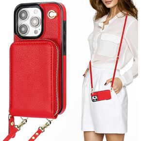 KIHUWEY Crossbody Wallet Case for iPhone 15 Pro, Zipper Pocket Case with Card Holder, PU Leather RFID Blocking Protective Cover Case with Kickstand Detachable Wrist Strap Lanyard 6.1" (Black)