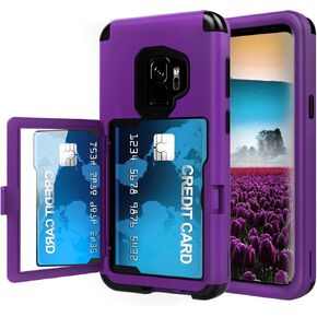 Sumsung Galaxy S9 Case, Galaxy S9 Case Shockproof Heavy-Duty Protective Hybrid Cover with Card Slot Holder and Opened Back Mirror & Kickstand Case for Samsung (Purple-B) in Kuwait