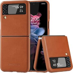 KEZiHOME Genuine Leather Cellular Phone Case, Samsung Galaxy Z Flip 4 Compatible, Slim Thin Shockproof Protective Cover, Black