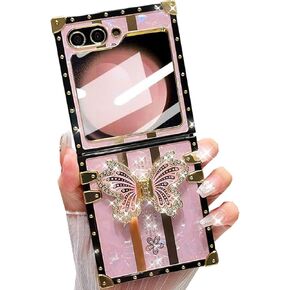 for Samsung Galaxy Z Flip 6 Case Glitter Kickstand Case, Cute Bling Sparkly Rhinestone Butterfly Foldable Stand TPU Bumper Shockproof Protective Case for Women Girls for Galaxy Z Flip 6, Pink