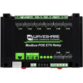 Waveshare 8-Ch Ethernet Relay Module, Modbus RTU/Modbus TCP Protocol, PoE Port Communication, with Various Isolation and Protection Circuits, Industrial Grade Rail-Mount Case