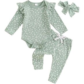 Mandizy Baby Girl Clothes Ribbed Ruffle Long Sleeve Romper Pant Set Newborn Infant Fall Winter Floral Print 3Pcs Outifts