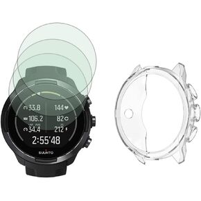 Watch Screen Protector (3+1Pack) Compatible for Suunto 9 Baro 50mm, Tempered Glass Film Anti-Scratch High Definition Full Coverage and Soft TPU Protective Case, Transparent in Kuwait