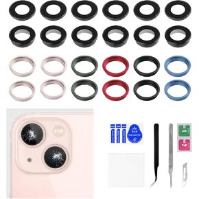 6PCS for iPhone 13 Rear Camera Lens Cover Replacement for iPhone 13 Mini Green Pink Blue Midnight Starlight Red 6 Color Back Camera Lens Glass Metal Frame with Fix Tool Repair Kit Tweezer