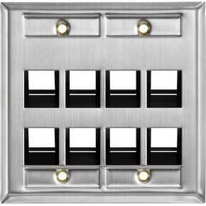 Leviton 43081-2L4 4-Port Angled Stainless Steel QuickPort Dual Gang Wallplate with ID Windows, Black