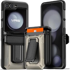 حافظة VRS DESIGN Origin لهاتف Galaxy Z Flip 5 (2023)، حافظة محفظة بغطاء مفصلي فاخر بنمط شبه تلقائي مع حامل بطاقة (Horizon Silver) in Kuwait