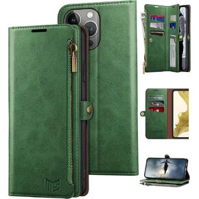SUANPOT for iPhone 14 Pro Max Wallet case 【RFID Blocking】【9 Card Slot】【Pocket】,Credit Card Holder Flip Folio Book Zipper PU Leather Protective Cover Women Men for Apple 14 ProMax Phone case Blue Green