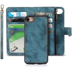 iCoverCase for iPhone SE(2022)/SE(2020) iPhone 7/8/6/6s Wallet Case with Card Holder and Wrist Strap, PU Leather Kickstand Card Slots Magnetic [Detachable] Flip Cover Case 4.7 Inch (Blue)