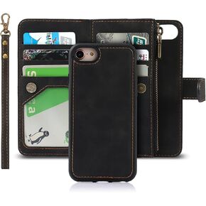 iCoverCase for iPhone SE(2022)/SE(2020) iPhone 7/8/6/6s Wallet Case with Card Holder and Wrist Strap, PU Leather Kickstand Card Slots Magnetic [Detachable] Flip Cover Case 4.7 Inch (Blue)