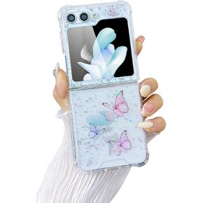 Compatible with Samsung Galaxy Flip 5 Case Clear Butterfly Purple Women Girls TPU Sparkle Glitter Shockproof Phone Cover for Galaxy Z Flip 5 (Butterfly Purple)