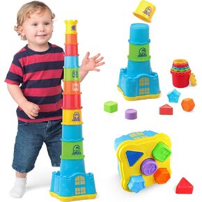 Toddler Baby Castle Stacking Nesting Cups, Infant Shape Sorting Blocks, Stack and Nest Sand Bath Stacker, Birthday Baby Gifts for 12 13 14 15 16 18 24 Months, 1 2 3 4 Year Old