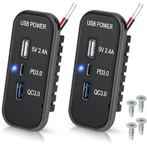 Linkstyle 3 Ports 12V USB Outlet, PD3.0 Type C Port, QC 3.0 USB A 2.4A USB A Fast Charger Socket Power Adapter for Car Marine-2pcs