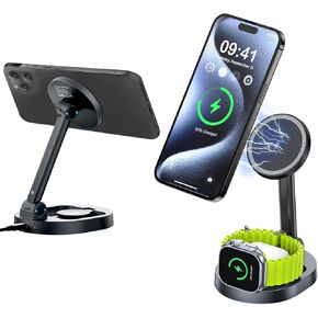 Magnetic Wireless Charger Stand for Mag-Safe Charger, Foldable 15W Fast Wireless Charging Station, 3-in-1 Charging Stand Dock for Apple iPhone 15/14/13/12/Pro/Apple Watch/AirPods 2/ Pro