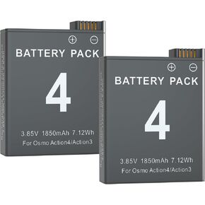 2 Pack Osmo Action 4 Action 3 Battery Compatible with DJI Osmo Action 4 Action 3 Camera,1850mAh Osmo Action 4&3 Camera Replacement Battery