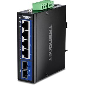 TRENDnet 5-Port Hardened Industrial Gigabit DIN-Rail Switch, TI-G51SC, 1 x Multi-Mode SC Port, 4 x Gigabit Ports, 10Gbps, IP30 Rated, Lifetime Protection, Black