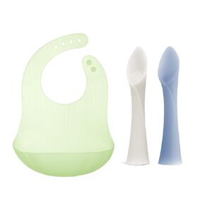 Olababy Training Spoon Set (Pearl/Blueberry) + Fold N Go Silicone Baby Bib w Travel Case (Kiwi)