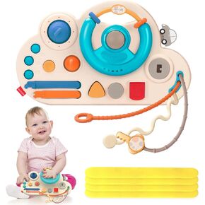 Montessori Toys for 1+ Years Old, Busy Board Toys with 4 Straps Steering Wheel Toy Travel Toys for Toddlers 1-3, Car Seat Toys, Sensory Educational Activity Toys, Best Gift for 18M+ (Blue)