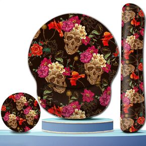 Gel Mouse Pad Wrist Support and Memory Foam Keyboard Wrist Rest in Office Accessories Set for Office, Computer, Laptop,Comfortable, Lightweight for Easy Typing Pain Relief,Rose Flower Skull Desk pad