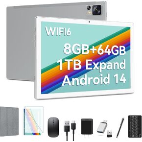 Newest Android 14 Tablet WIFI6 Large Storage 8GB RAM (4+4 Virtual) + 64GB ROM+512GB Expandable, Octa-Core 2 in 1 Tablet with Keyboard, 7000 mAh Battery Tablet 10.1 Inch Screen, Bluetooth/Case/Mouse