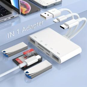 5-in-1 SD Card Reader for iPhone, Memory Card Reader USB/USB C to SD/TF Card USB OTG Adapter to SD Card Adapter with Charging Port for iPhone/iPad/MacBook/Samsung/PC Plug and Play SD/Micro SD