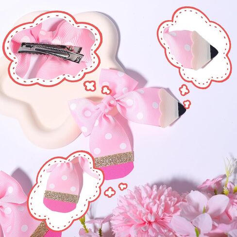2Pcs Back To School Hair Bows Pink Pencil Hair Clips Grosgrain Ribbon Bow Hair Accessories First Day of School for Girls Toddler Kids Kindergarten 1st 2nd 3rd 4th 5th Grade in Saudi Arabia