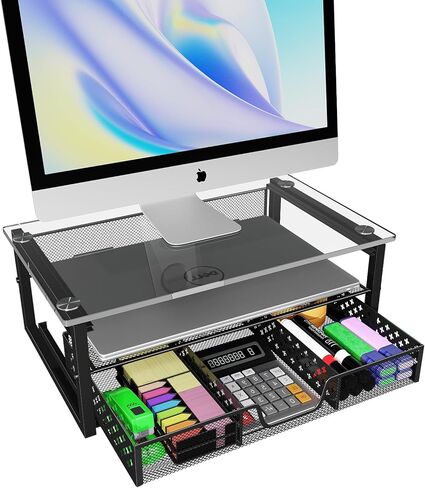Simple Trending 2-Tier Glass Metal Monitor Stand Riser,Computer Desk Organizer with Drawer for Laptop, Computer, iMac,Storable K-Cups Black in Saudi Arabia