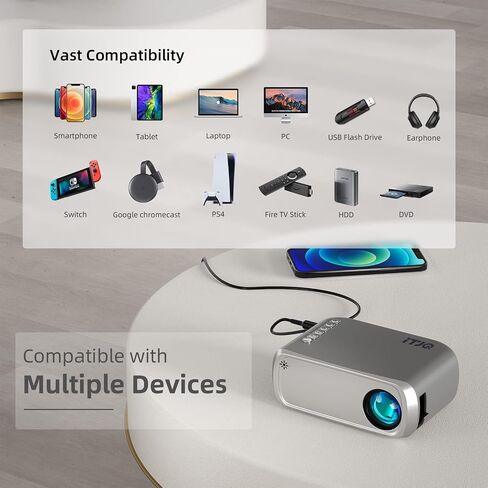 جهاز عرض صغير، جهاز عرض محمول iTJQ WiFi يدعم 1080 بكسل، جهاز عرض صغير للأفلام الخارجية، جهاز عرض أفلام متوافق مع الهاتف الذكي / الكمبيوتر المحمول / عصا التلفزيون / PS4، HDMI / USB للمسرح المنزلي in Saudi Arabia