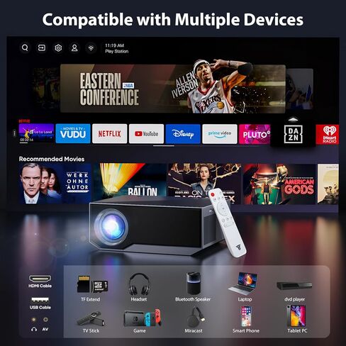 جهاز عرض مزود بواي فاي وبلوتوث، جهاز عرض فيديو أصلي بدقة 1080 بيكسل عالي الدقة، جهاز عرض أفلام سعة 15000 لتر، 300 بوصة ماكس بيلد متوافق مع Android/iOS/الكمبيوتر المحمول/جهاز التلفاز/X-Box/HDMI/USB (رمادي) in Kuwait