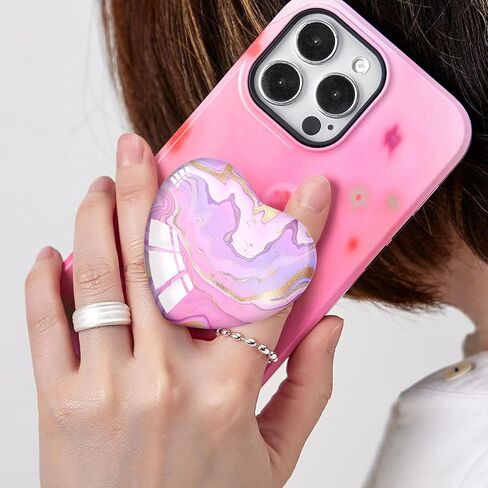 Expandiing Cell Phone Grip Heart Shape Glass Finger Holder for Smartphones, Cellphone Collapsible Stand - Purple Rose Gold Marble in Saudi Arabia