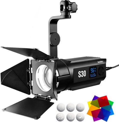 Godox S30 LED كشاف فيديو مع Barndoor، 30W 5600K 40000Lux@0.5m Daylight Studio LED Spot Light، CRI 96+ سطوع 10~100% Studio LED ساطع in Saudi Arabia