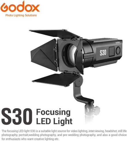 Godox S30 LED كشاف فيديو مع Barndoor، 30W 5600K 40000Lux@0.5m Daylight Studio LED Spot Light، CRI 96+ سطوع 10~100% Studio LED ساطع in Saudi Arabia