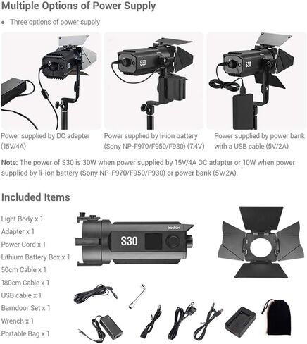 Godox S30 LED كشاف فيديو مع Barndoor، 30W 5600K 40000Lux@0.5m Daylight Studio LED Spot Light، CRI 96+ سطوع 10~100% Studio LED ساطع in Saudi Arabia