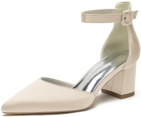 Wome's Pointed Toe Low Chunky Heels Satin Block Ankle Strap Pumps Wedding Bridal Party Dress Shoes in Saudi Arabia