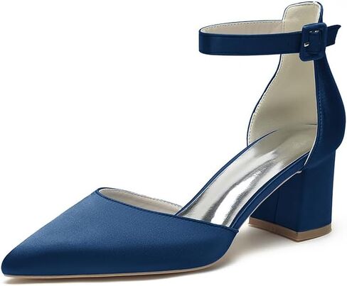 Wome's Pointed Toe Low Chunky Heels Satin Block Ankle Strap Pumps Wedding Bridal Party Dress Shoes in Saudi Arabia