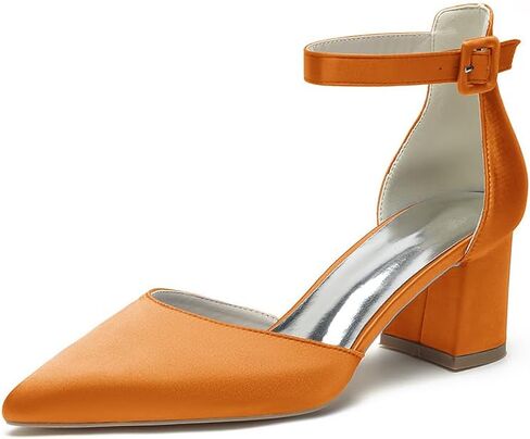 Wome's Pointed Toe Low Chunky Heels Satin Block Ankle Strap Pumps Wedding Bridal Party Dress Shoes in Saudi Arabia