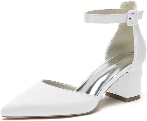 Wome's Pointed Toe Low Chunky Heels Satin Block Ankle Strap Pumps Wedding Bridal Party Dress Shoes in Saudi Arabia