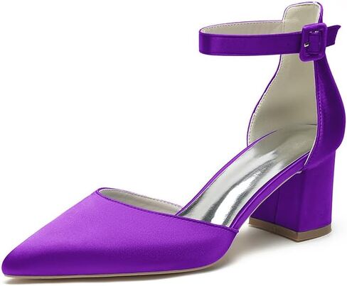 Wome's Pointed Toe Low Chunky Heels Satin Block Ankle Strap Pumps Wedding Bridal Party Dress Shoes in Saudi Arabia