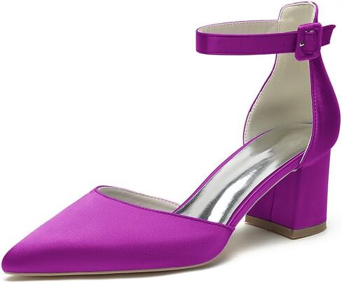 Wome's Pointed Toe Low Chunky Heels Satin Block Ankle Strap Pumps Wedding Bridal Party Dress Shoes in Saudi Arabia