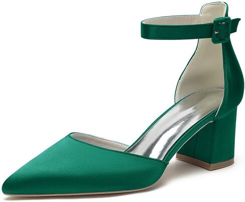 Wome's Pointed Toe Low Chunky Heels Satin Block Ankle Strap Pumps Wedding Bridal Party Dress Shoes in Saudi Arabia