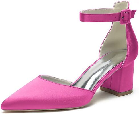 Wome's Pointed Toe Low Chunky Heels Satin Block Ankle Strap Pumps Wedding Bridal Party Dress Shoes in Saudi Arabia